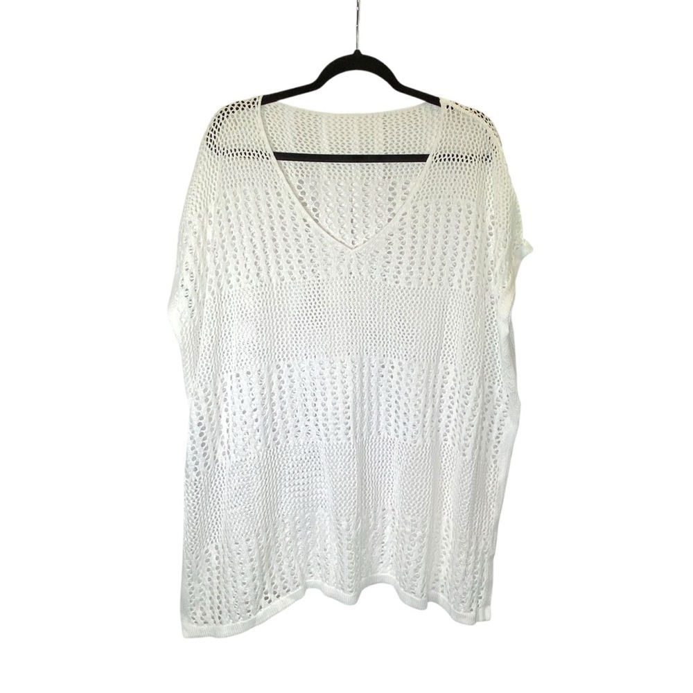 MAKE ME CHIC Women ONE SIZE Fishnet short sleeve split hem crochet coverup swim